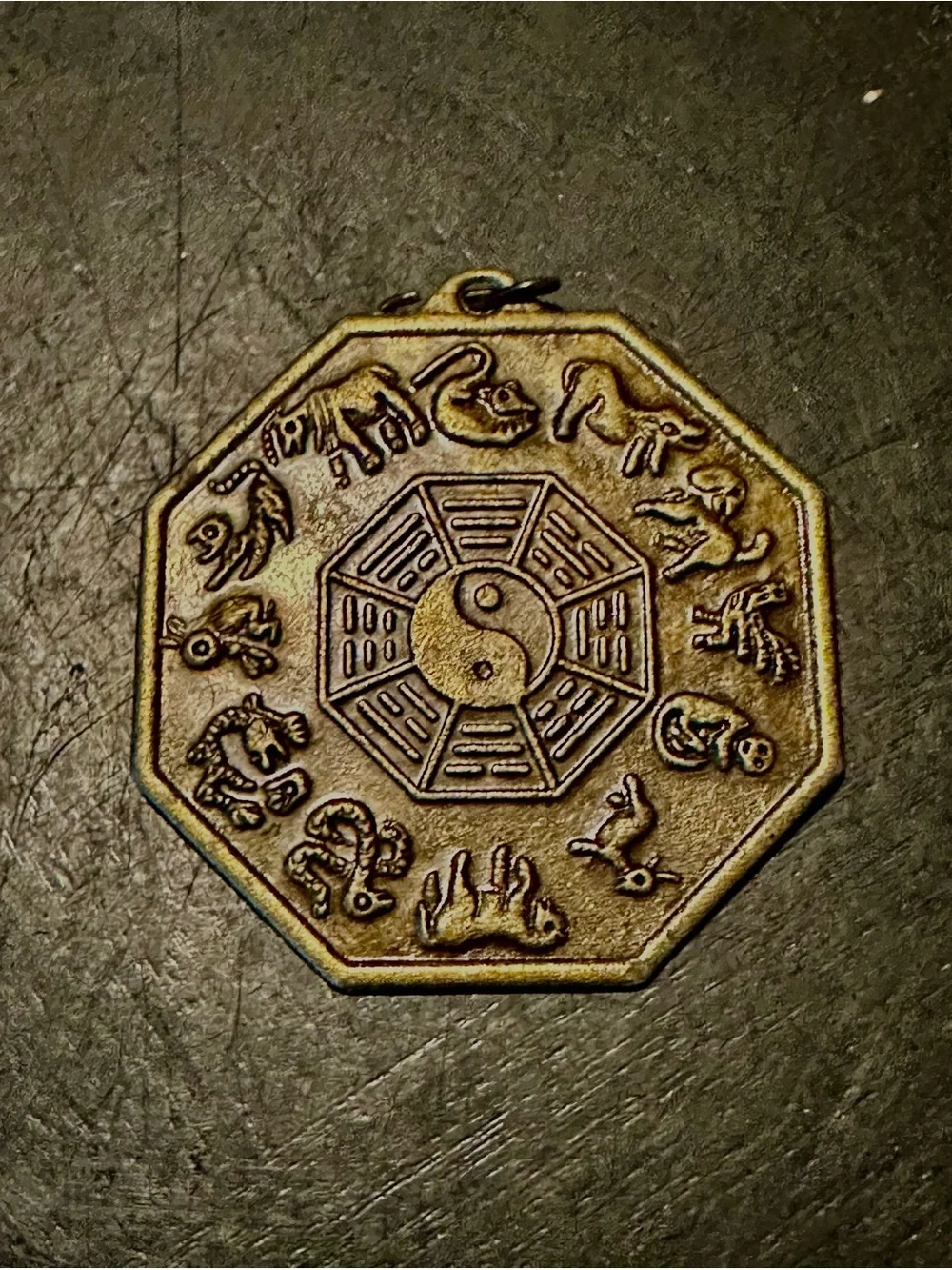Vintage 70’s-90’s Gold Octagonal Taoist Pendant with Chinese Zodiac Motif